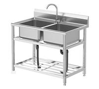 Utility Sink Double Bowl Sinks Stainless Steel Freestanding Sink with Faucet and Storage Shelves with Drainer Unit for Outdoor Garage Commercial Restaurant Kitchen Laundry Room.