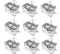 Utility Sink Stainless Steel Double Bowl Sink, 32.7" x 17.3" x30.3" Free Standing Commercial Restaurant Kitchen with Hot and Cold Faucet for Laundry,Garage,Cafe Bar