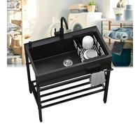 Utility Sink with Cabinet, Freestanding Stainless Steel Single Bowl Kitchenette Sink,Prep Laundry Tub, for Garage, Outdoor, Kitchen, Commercial, Workshop, Pet Wash Station, Includes Faucet, Black(80x4