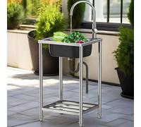 Utility Sinks Stainless Steel Outdoor Commercial Sink Free Standing Kitchen Single Bowl Mobile Wash Basin with Hot and Cold Water Faucets and Storage Shelf for Laundry/Restaurant/Garage