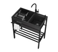 Utility Stainless Steel Sink,Freestanding Commercial Double Bowl Kitchen Sink,with Drain With Hot and Cold Faucet Portable Laundry,For Balcony,Outdoor,Restaurant,Black