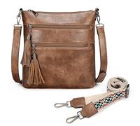 UTO Crossbody Bag for Women Rectangle Double Removable Shoulder Straps National Style Tassel Zippers Pockets Brown