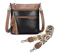 UTO Crossbody Bag for Women Rectangle Double Removable Shoulder Straps National Style Tassel Zippers Pockets Black & Brown