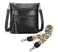 UTO Crossbody Bag for Women Rectangle Double Removable Shoulder Straps National Style Tassel Zippers Pockets Black