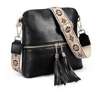 UTO Faux Leather Cross Body Bag Women Vintage Shoulder Bag Tassels Zippers Pocket Adjustable Nylon Shoulder Strap within Pattern Black