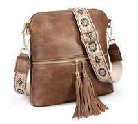 UTO Faux Leather Cross Body Bag Women Vintage Shoulder Bag Tassels Zippers Pocket Adjustable Nylon Shoulder Strap within Pattern Brown