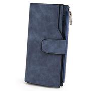 UTO Ladies Card Purse RFID Blocking Women Phone Clutch Wallet Zipper Coin Pocket Snap Closure PU Matte Leather Dark Blue