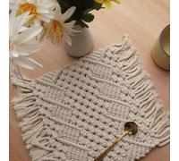Utobanh Handmade Cotton Woven Crochet Placemat, 10 x12 Inches Place Mat for Bohemian Wedding Décor, Boho Table Mat for Farmhouse with Tassels, Rustic Décor for Dining Table, Beige