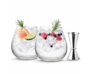 Utopia Hayworth Stemless Gin Glass & Jigger Set - 2× 650ml Gin Glasses with 25/50ml Stainless Steel Jigger, Cocktail Serving Set for Gin & Tonic, Spritz & Home Bar