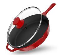 Utopia Kitchen 12 inch Pre-Seasoned Cast Iron Skillet With Lid - Frying Pan - Cast Iron Pan - Safe Grill Cookware for indoor & Outdoor Use, Red, UK1036