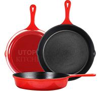Utopia Kitchen Saute Fry Pan - Pre-Seasoned Cast Iron Skillets Set 3-Piece Frying Pan comprised of 6", 8", and 10" Cast Iron Pan - Easy Use in The Oven, Stove, Grill, or Campfire - Red