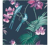 Utopia Navy Wallpaper Paste The Wall Vinyl Green Floral Tropical Glitter Birds
