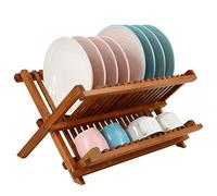 Utoplike Teak Dish Rack Stand Drainer, Collapsible 2 Tier Dish Drying Rack with Cup Holder, Wooden Plate organiser for Kitchen