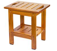 Utoplike Teak Shower Bench, Compact Shower Stool with Shelf & Handle, 2-Tier Small Wooden Bath Seat with Non-Slip Feet for Bathroom, Bathtub, or