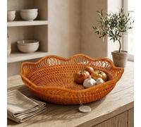 UTTASU Handwoven Rattan Fruit Basket with Wavy Edge - Natural Wicker Bread Tray for Kitchen Counter & Living Room Decor - 23cm Brown Storage Bowl