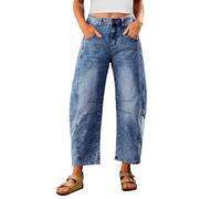Utyful Barrel Jeans Women Cropped Baggy Trendy High Waisted Distressed Loose Stretch Denim Trouser Jeans with Pockets, Midnight Blue, Large