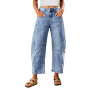 Utyful Barrel Jeans Women Cropped Baggy Trendy High Waisted Distressed Loose Stretch Denim Trouser Jeans with Pockets, Reef Blue, Large