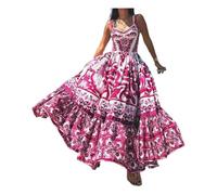 UTZERO Women's dressesWomen's Summer Spaghetti Strap Long Dress With Print Summer Casual Sleeveless Suspender Waist Ruffle Dress-Rose red print-M