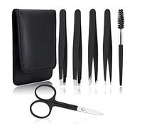 UUBAAR 6 PCS Professional Tweezers Set - Stainless Steel Precision Tweezer Kit for Eyebrows, Facial Hair, Ingrown Hair & Splinter Removal with Travel Case (Black)