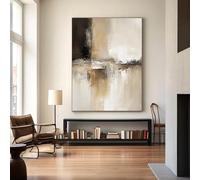 UUDEZO Large Brown Beige Wall Art Original Black Abstract Painting Beige Canvas Picture Brown Bedroom Decor Poster(80x100cm(31x39inch)/with Frame)