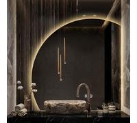 UUDQCD Half Circle Smart Led Bathroom Mirror with Lights, Frameless Backlit Wall Mounted Vanity Mirror, Touch Anti-fog 3-color, 80cm Right Cut