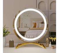 UUDQCD Large Round Light Up Mirror for Dressing Table, Freestanding Gold Led Vanity Mirror with Lights, 360° Rotation Smart Touch 3 Colors Dimmable, Lighted Tabletop Makeup Mirror