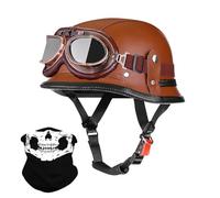 Uueybsg Vintage German Motorcycle Half Helmet Leather Open Face Motorbike Helmet with Goggles DOT/ECE Approved Adults Men Women Half Shell Cap Helmet for Bike Cruiser Chopper Moped Scooter