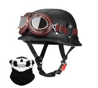 Uueybsg Vintage German Motorcycle Half Helmet Leather Open Face Motorbike Helmet with Goggles DOT/ECE Approved Adults Men Women Half Shell Cap Helmet for Bike Cruiser Chopper Moped Scooter