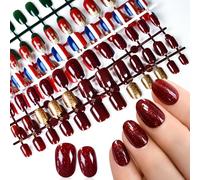 UUKILT 120pcs Xmas Press on Nails Petie Short Merry Christmas Style Fake Fingernails Tips Short Shimmer Green Red 5 Sets Included