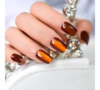 UUKILT 30pcs Full Set Short Petie Press On Nails Hot Orange Ballerina Square Small False Pre-designed Handmade Nail Art Tips Cat Eye Shine Gel Tips Solid Normal Style