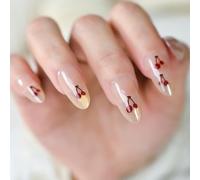 UUKILT Almond Medium French Gelnails Gold Tips Press On Nails Cherry Pattern False Nails 30pcs Set