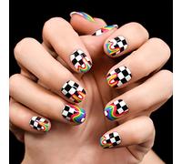 UUKILT Grids Rainbow Waves Short Round Fake Nails UV Gel Fingernails Glossy Manicure The Racing Pattern Press On Nails