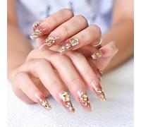 UUKILT Hand Made Gelnails 20pcs Large Stones Style Press on Nails Luxury Brown Nails with Champagne Diamond Tips