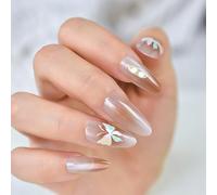 UUKILT Medium Press On Nails Almond, Bufferfly Clear Effect Cat Eye High Shine Long-Lasting 24Pcs Reusable Stick On Fake Nails Kit with Glue Tabs, Salon-Style Manicure for Women Lady Girls Many Sizes