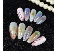UUKILT Medium Press On Nails Almond, Gold Magic Space Metallic 3D Effect Cat Eye High Shine Long-Lasting 24Pcs Reusable Stick On Fake Nails Kit with Glue Tabs, Salon-Style Manicure for Women