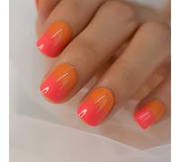 UUKILT Ombre Fake Press On Nails Short French Manicure Set Orange Red Bright Cute Artificial Nails For Student Office Women