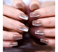 UUKILT Shine Line Brown Press-On Nails Short Lady Shiny Fake Nails Solid Color Cat Eye Effect Tips 30pcs Set