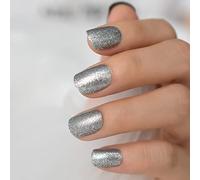 UUKILT Short Nails Press On Nail Silver Glitter Fake Nail Shimmer Full Cover Artifcial False Nail Women Makeup Manicure Art