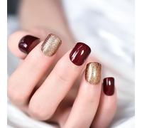 UUKILT Short Press On Nails Wine Red Gold Square Glossy Solid Color Glitter False Nails