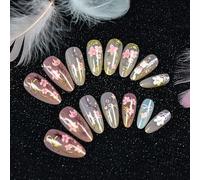 UUKILT Spring Medium Press On Nails Almond, Pink Flowers Gold Metallic 3D Effect Cat Eye High Shine Long-Lasting 24Pcs Reusable Stick On Fake Nails Kit with Glue Tabs, Salon-Style Manicure for Women