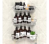 UUlioyer Corner Shower Caddy, Stainless Steel Bathroom Shelf No Drilling, Bath Storage with Hooks (3-Pack Corner Shower Caddy- Silver)