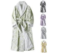 UUNBS Women's Fuzzy Fleece Long Jacquard Robe Double-Sided Fleece Housecoat Terrycloth Sauna Bathrobe Dressing Gowns,Green,XL