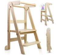 Uuoeebb Foldable Learning Tower, Wooden Step Stool for Kids with 3 Adjustable Height, Kitchen Folding Learning Tower for Child with Magnetic Whiteboards 1-6 Years Children Stool