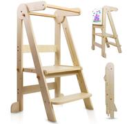 Uuoeebb Foldable Learning Tower, Wooden Step Stool for Kids with 3 Adjustable Height, Kitchen Folding Learning Tower for Child with Magnetic Whiteboa