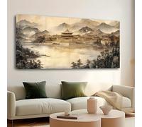 UUPAUO Canvas Wall Art Framed Print - Chinese Ink Landscape Canvas Art Serene Mountain Water Scene Elegant Bedroom Office Wall Decor(60x110cm/24x43in) Stretched on Wooden Frame Easy to Hang
