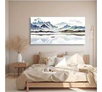 UUPAUO Modern Minimalist Ink Landscape Wall Art Frames - Abstract Mountain Water Painting Blue White Gray Black Beige Canvas Decor(75x150cm/30x59in) Stretched on Wooden Frame Easy to Hang