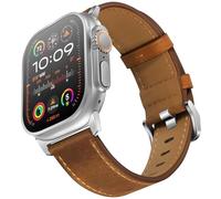 UUPWPOKT Compatible with Apple Watch Ultra 2/1 Band 49mm 46mm 45mm 44mm 42mm Men, Genuine Leather Band Strap for iWatch Series 10 9 8 7 6 5 4 3 2 1 SE, Retro Brown/Silver