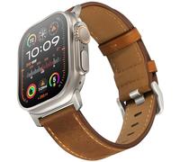 UUPWPOKT Compatible with Apple Watch Ultra / Band 49mm 46mm 45mm 44mm 42mm Men, Genuine Leather Band Strap for iWatch Ultra Series 10 9 8 7 6 5 4 3 2 1 SE, Retro Brown/Titanium