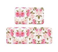 Uusnwaa 2 Piece Kitchen Floral Flower Rose Pink Print Rug Set,Non Slip Washable Floor Mats,Absorbent Anti Fatigue Rugs For Kitchen Home