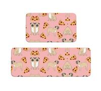 Uusnwaa 2 Piece Kitchen Pug Pizza Pink Print Rug Set,Non Slip Washable Floor Mats,Absorbent Anti Fatigue Rugs For Kitchen Home